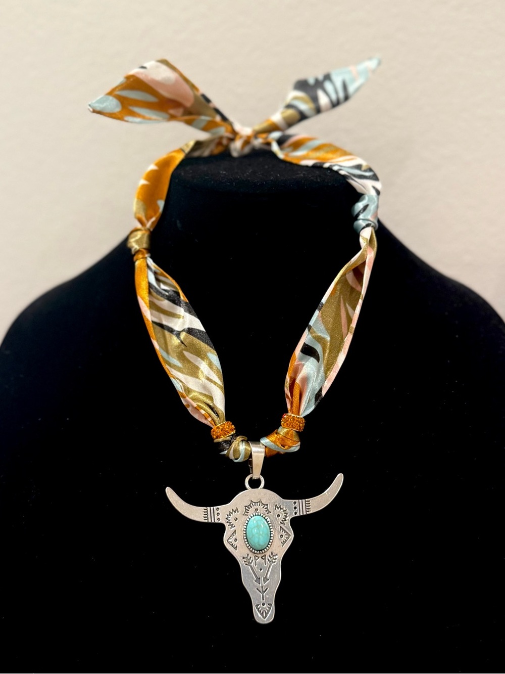 Turquoise Bull Skull Pendant Scarf Necklace - Multicolor Satin Band